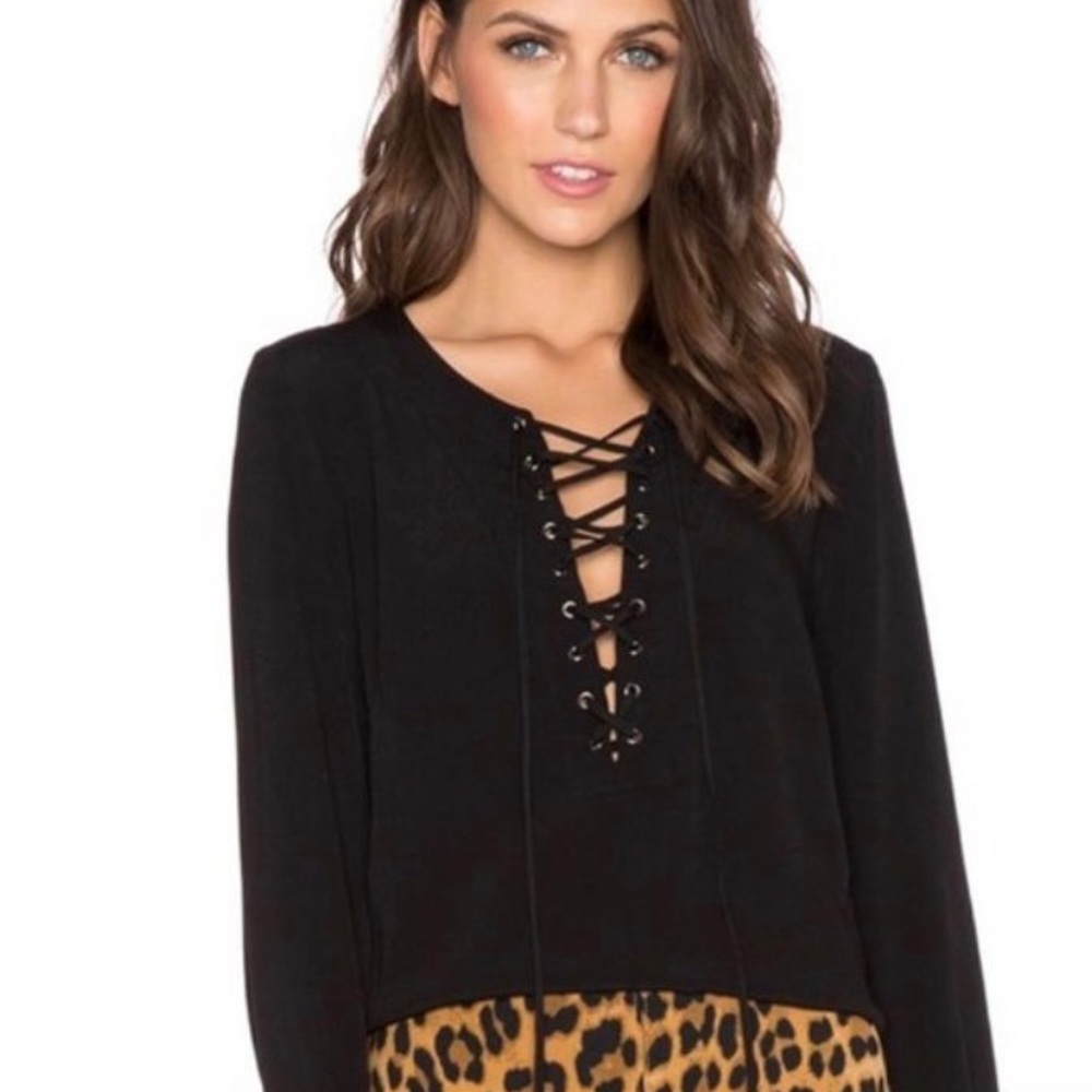 Bardot Black Lace-up Front Long Sleeve Top Blouse SZ Small